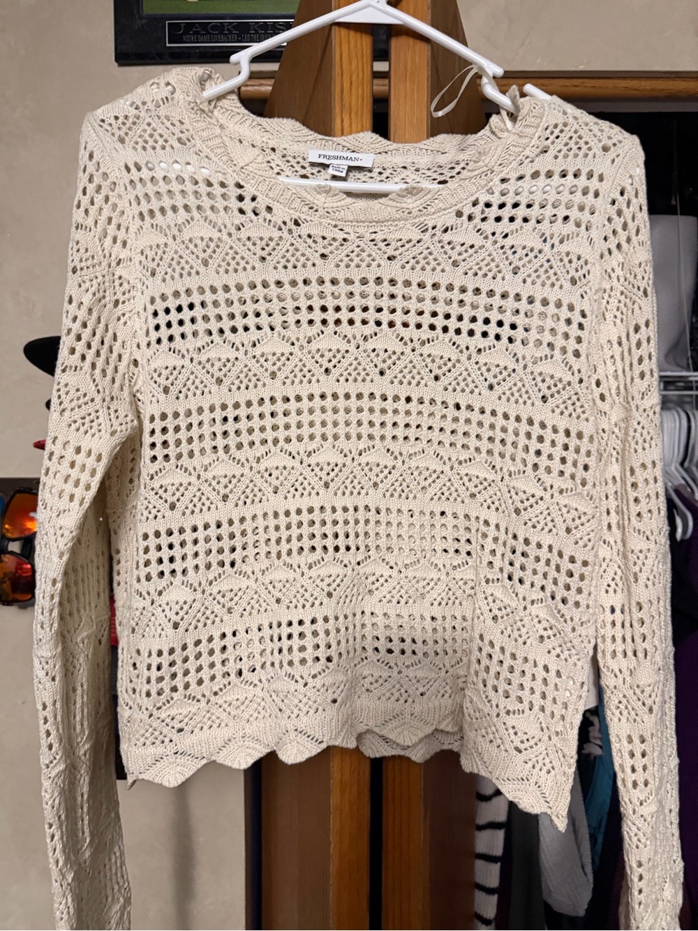 Freshman Cream Open-Weave Crochet Sweater